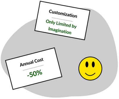 Story Graphic: Shows annual cost reduction of at least 50%, customization only being limited by imagination and a smiley face.